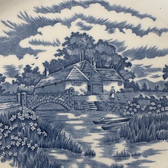 English Village Olde Staffordshire Blue Transferware Oval Serving Platter 10x12" - Picture 4 of 12